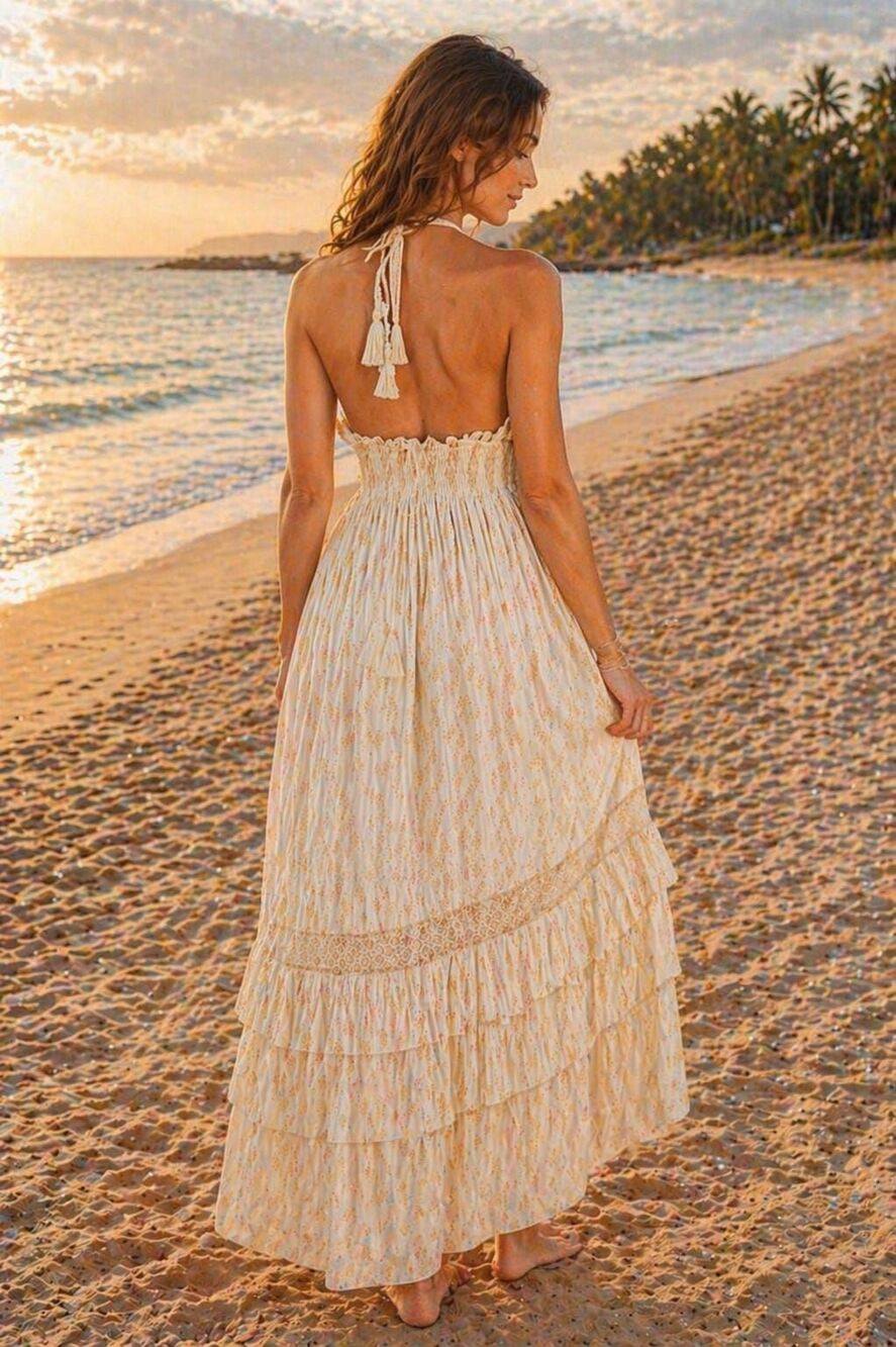 Ivory Boho Maxi Smocked Waist Halter Flowy Coastal Vacation Summer Style Dress - Picture 2 of 3